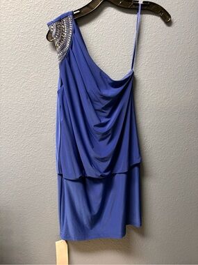 Cache One-Shoulder Royal Blue Draped Cocktail Dress with Beaded Accent